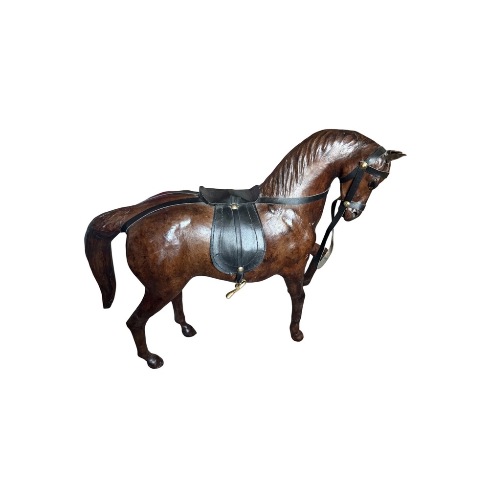 Vintage Leather Wrapped Horse Figurine Statue Equestrian Decor Brown Saddle